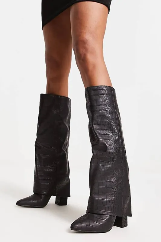 Faux Croc Leather Foldover Knee High Blocked Boots sold by Floralkini