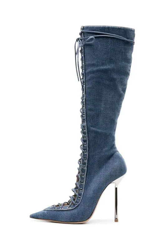 Denim Lace Up Pointed Toe Knee High Stiletto Boots sold by Floralkini