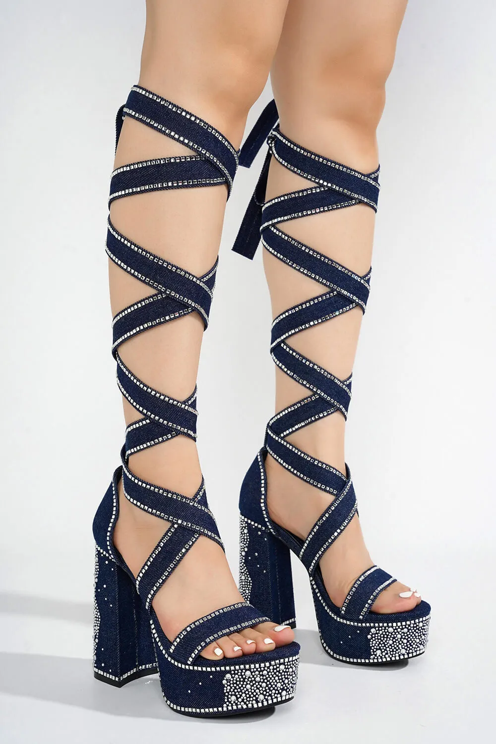 Rhinestone-Embellished Lace Up Chunky Platform Block Heels sold by Floralkini product image thumbnail 5