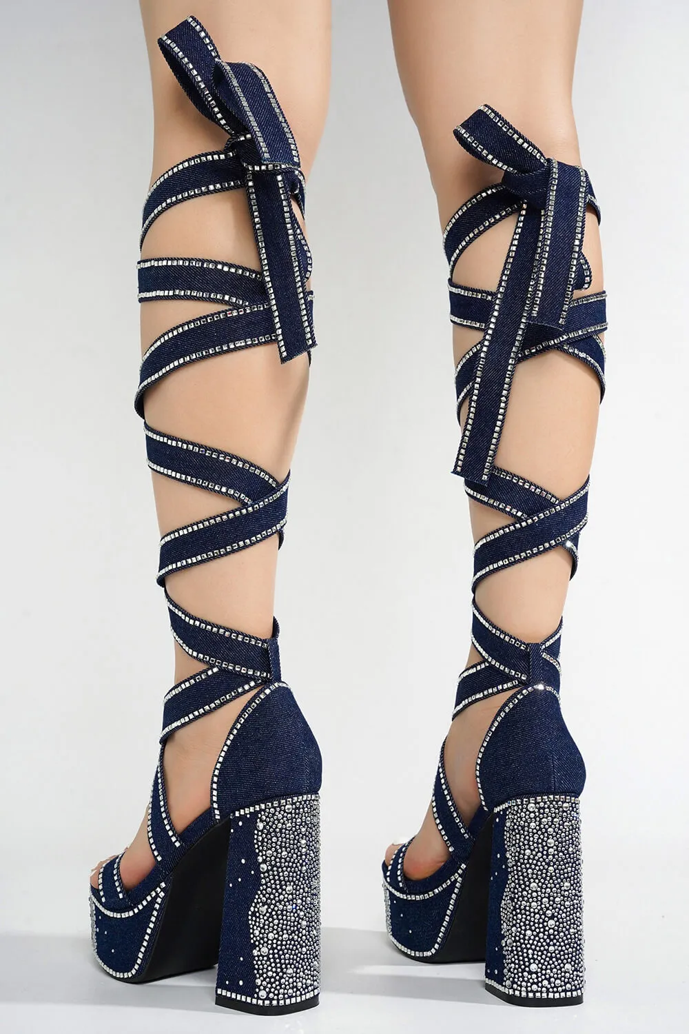 Rhinestone-Embellished Lace Up Chunky Platform Block Heels sold by Floralkini product image thumbnail 3