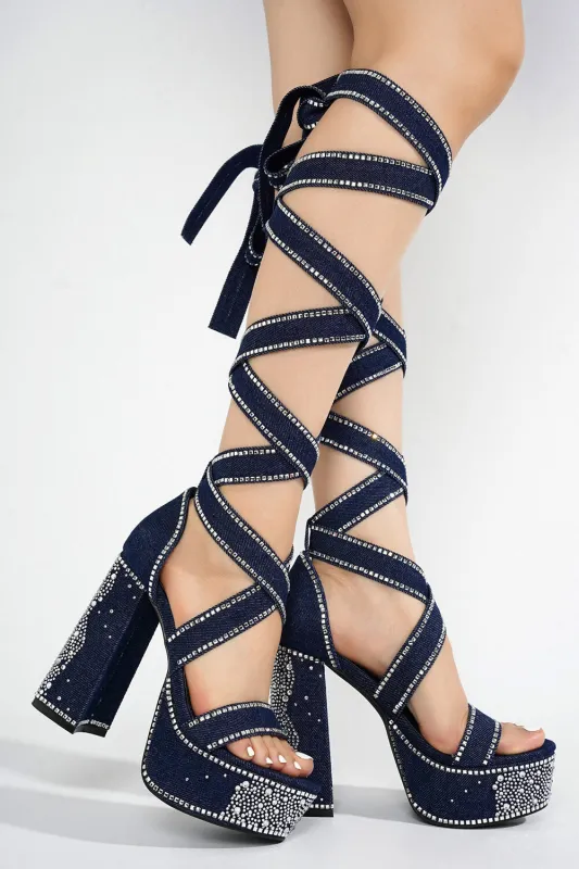 Rhinestone-Embellished Lace Up Chunky Platform Block Heels sold by Floralkini