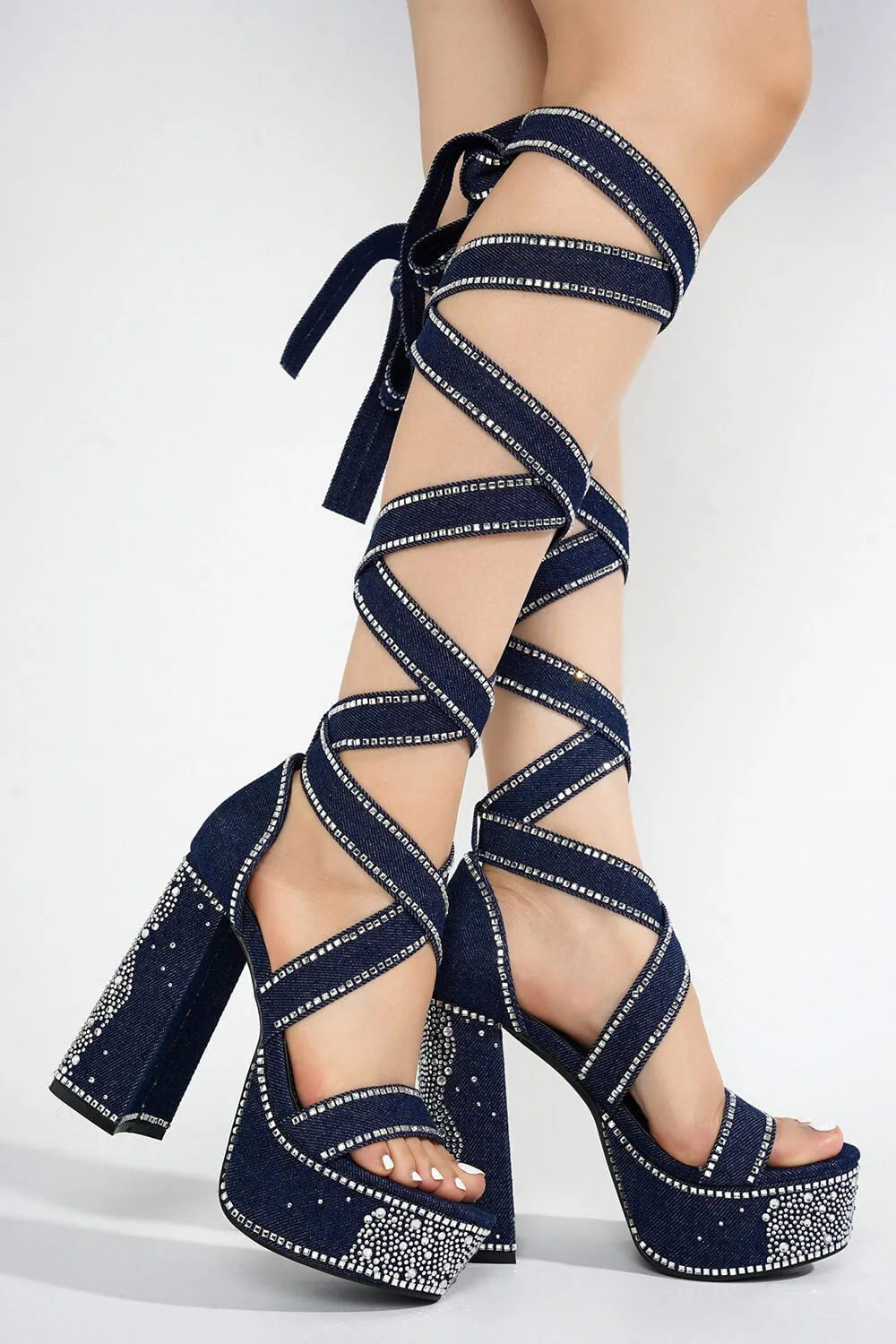 Rhinestone-Embellished Lace Up Chunky Platform Block Heels sold by Floralkini