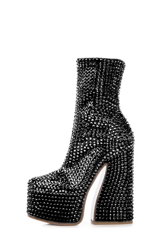 Rhinestone-Embellished Platform High Block Heel Ankle Bootie sold by Floralkini