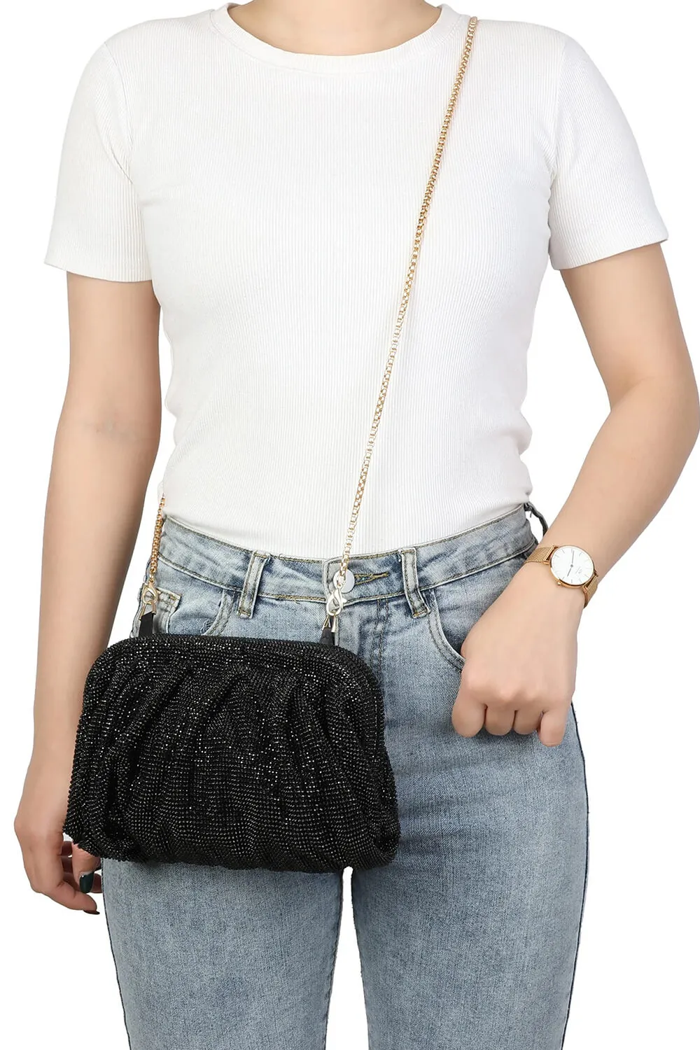 Crystal-Embellished Evening Cloud Clutch With Chain Strap sold by Floralkini product image thumbnail 3