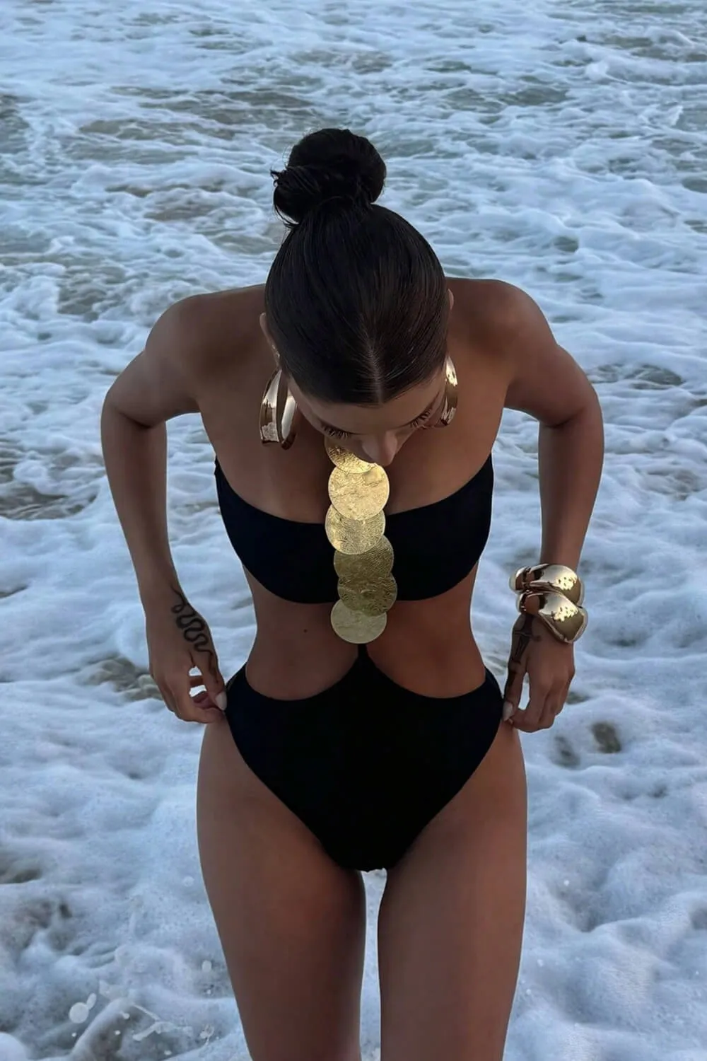 Halterncek Cut-Out One Piece Swimsuit With Metallic Medals Details sold by Floralkini