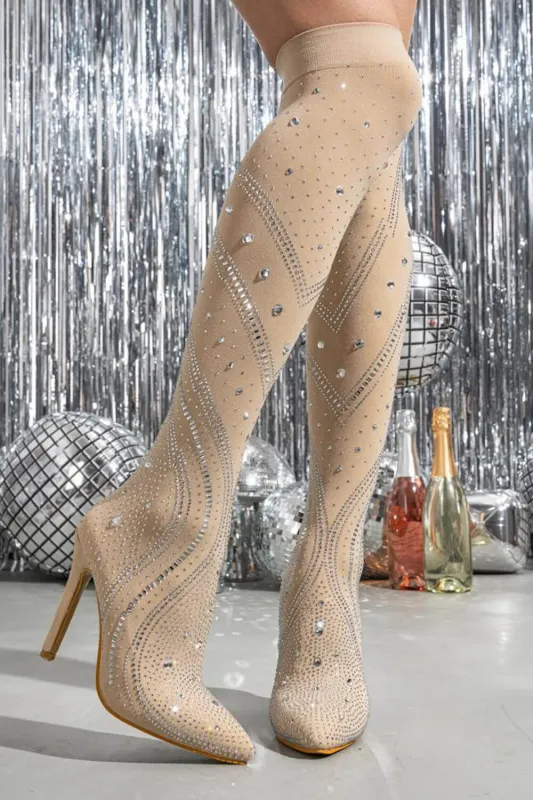 Crystal-Embellished Mesh Pointed Toe Thigh High Stiletto Heel Boots - Black/Beige made by Floralkini
