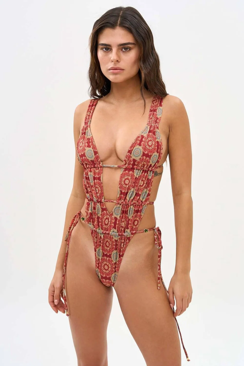 Boho Print Plunge Waist-Tie Open Back High-Leg One Piece Swimsuit sold by Floralkini product image thumbnail 4