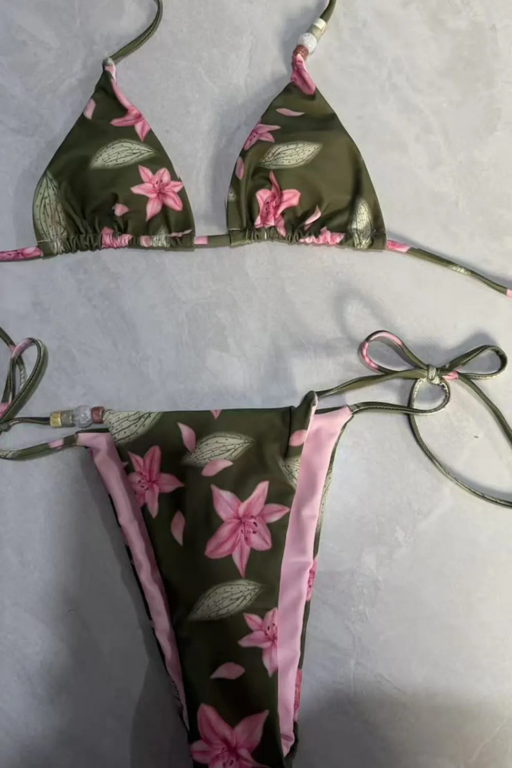 Floral Triangle Halter Tie Side Bikini Set With Beaded Details sold by Floralkini product image thumbnail 3