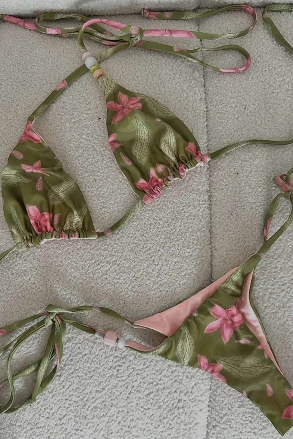 Floral Triangle Halter Tie Side Bikini Set With Beaded Details sold by Floralkini