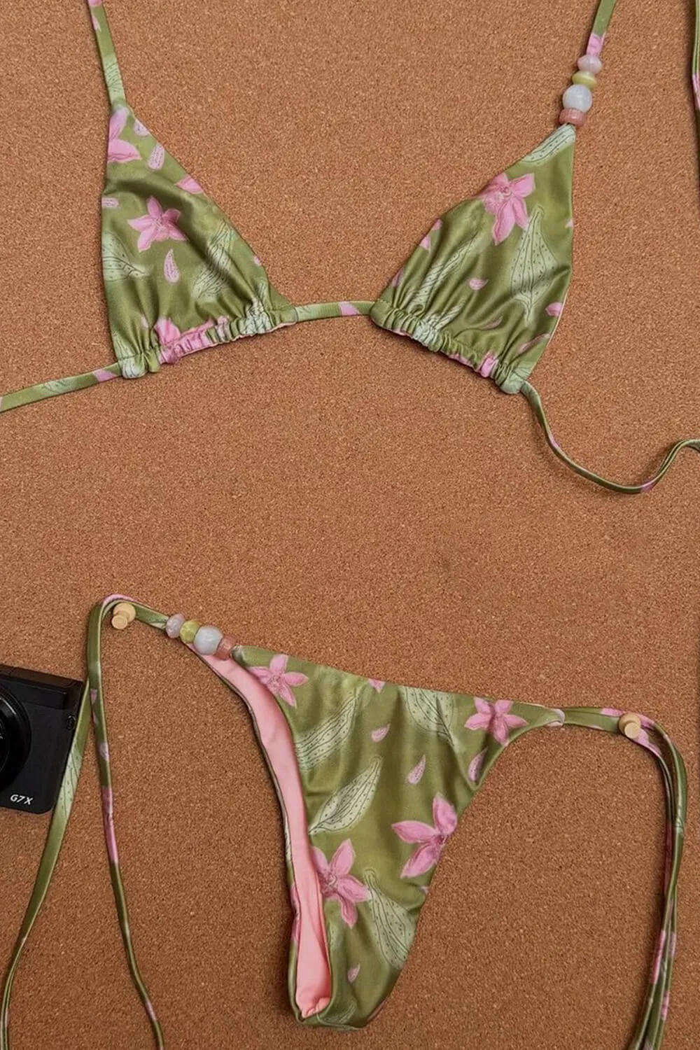 Floral Triangle Halter Tie Side Bikini Set With Beaded Details sold by Floralkini product image thumbnail 5