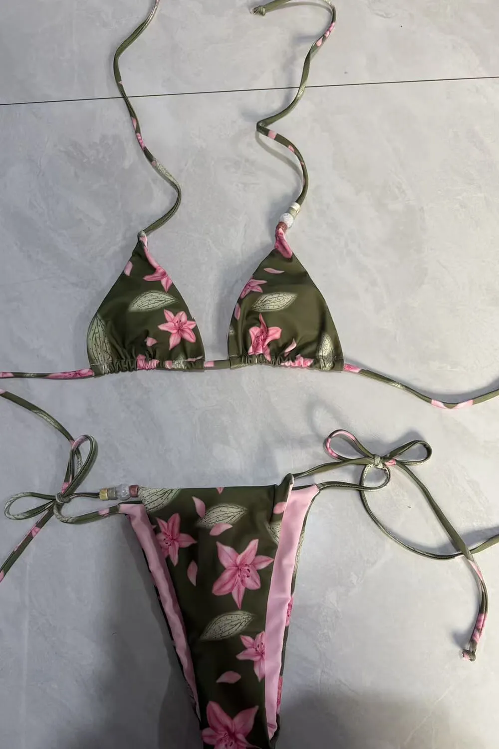 Floral Triangle Halter Tie Side Bikini Set With Beaded Details sold by Floralkini product image thumbnail 2