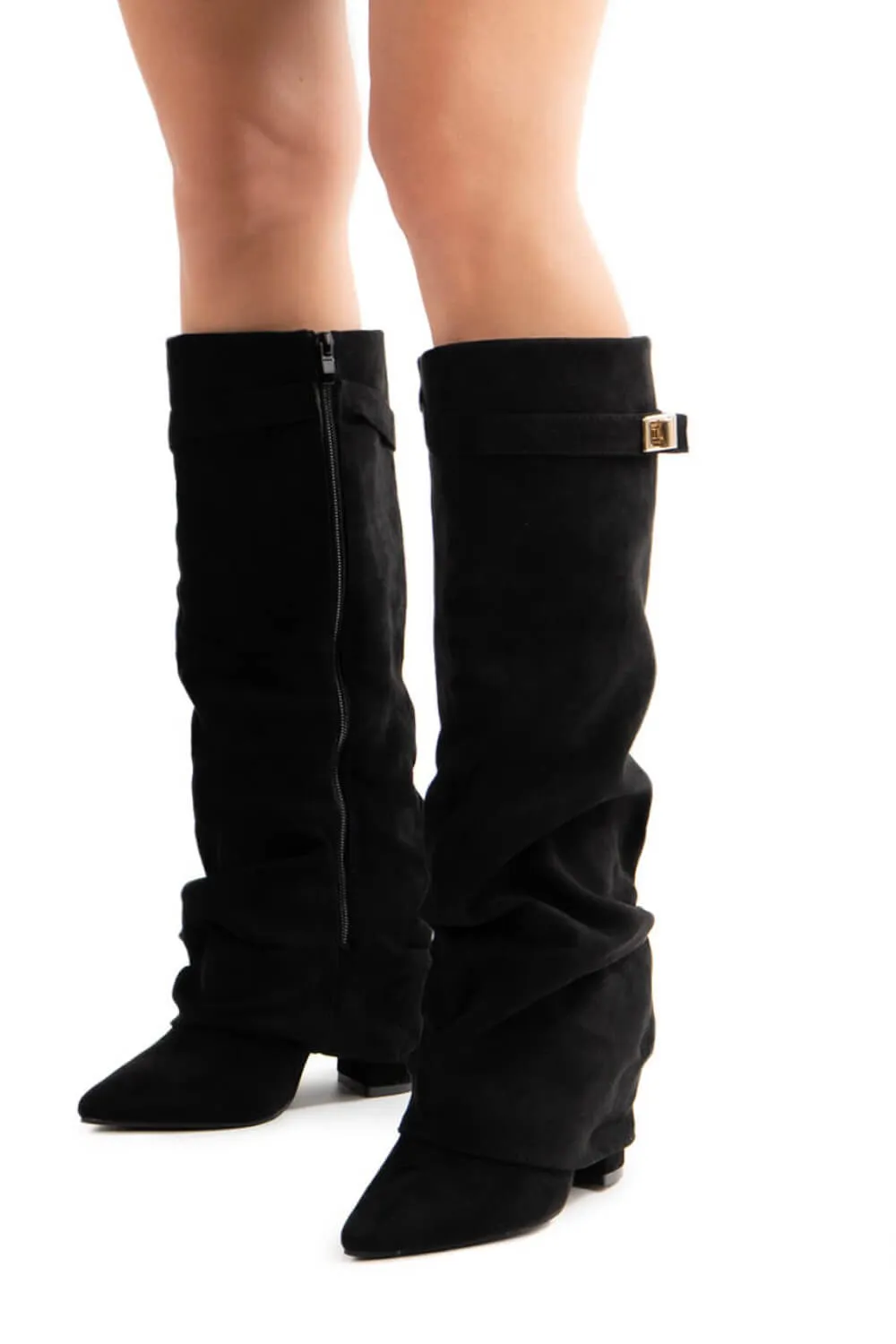 Faux Suede Slouchy Fold Over Metal Lock Detail Pointed Toe Knee High Boots sold by Floralkini product image thumbnail 5