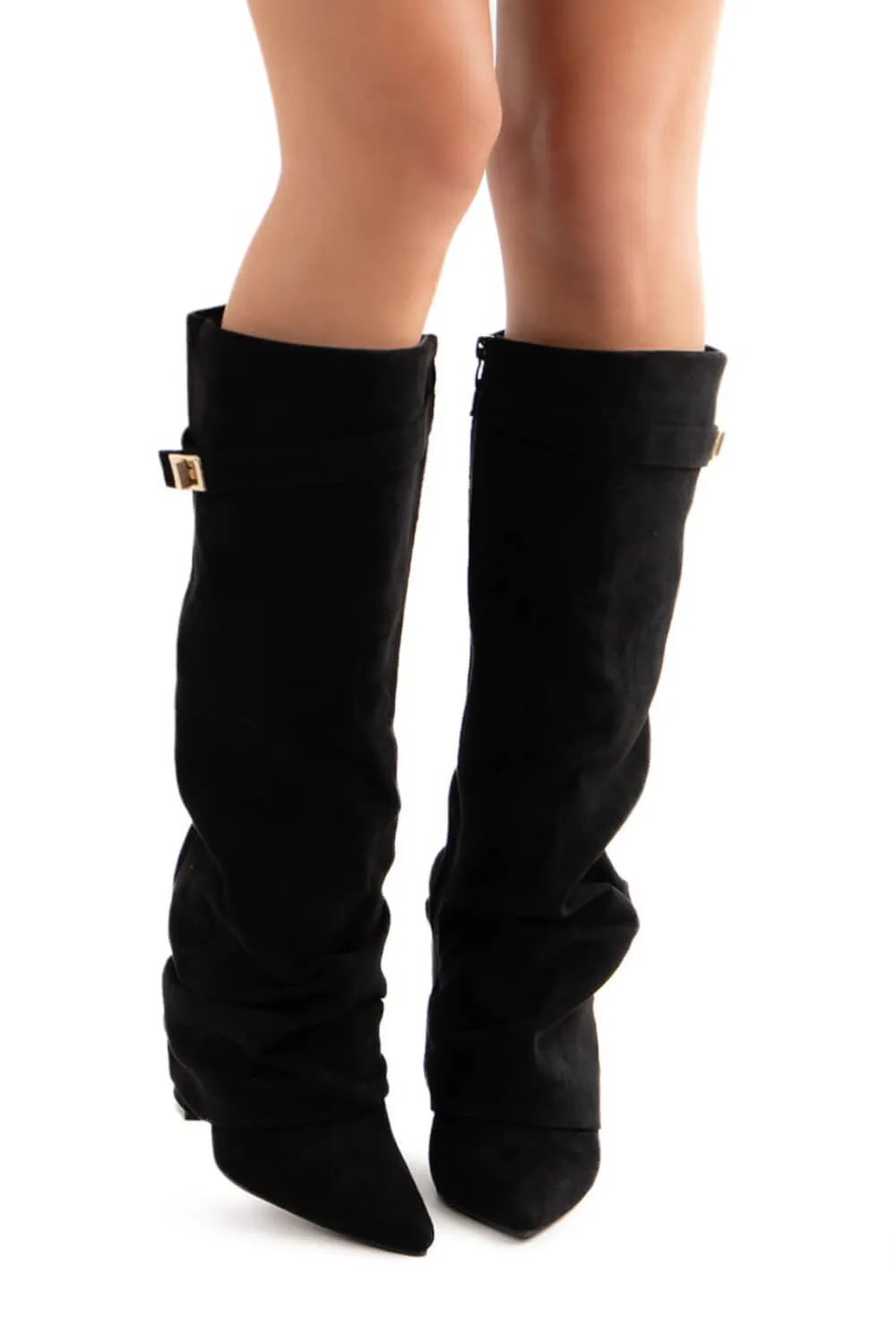 Faux Suede Slouchy Fold Over Metal Lock Detail Pointed Toe Knee High Boots sold by Floralkini product image thumbnail 4