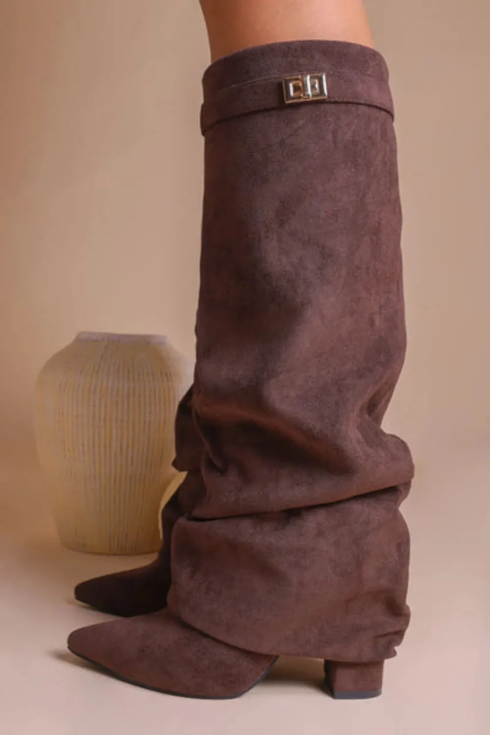 Faux Suede Slouchy Fold Over Metal Lock Detail Pointed Toe Knee High Boots sold by Floralkini product image thumbnail 3