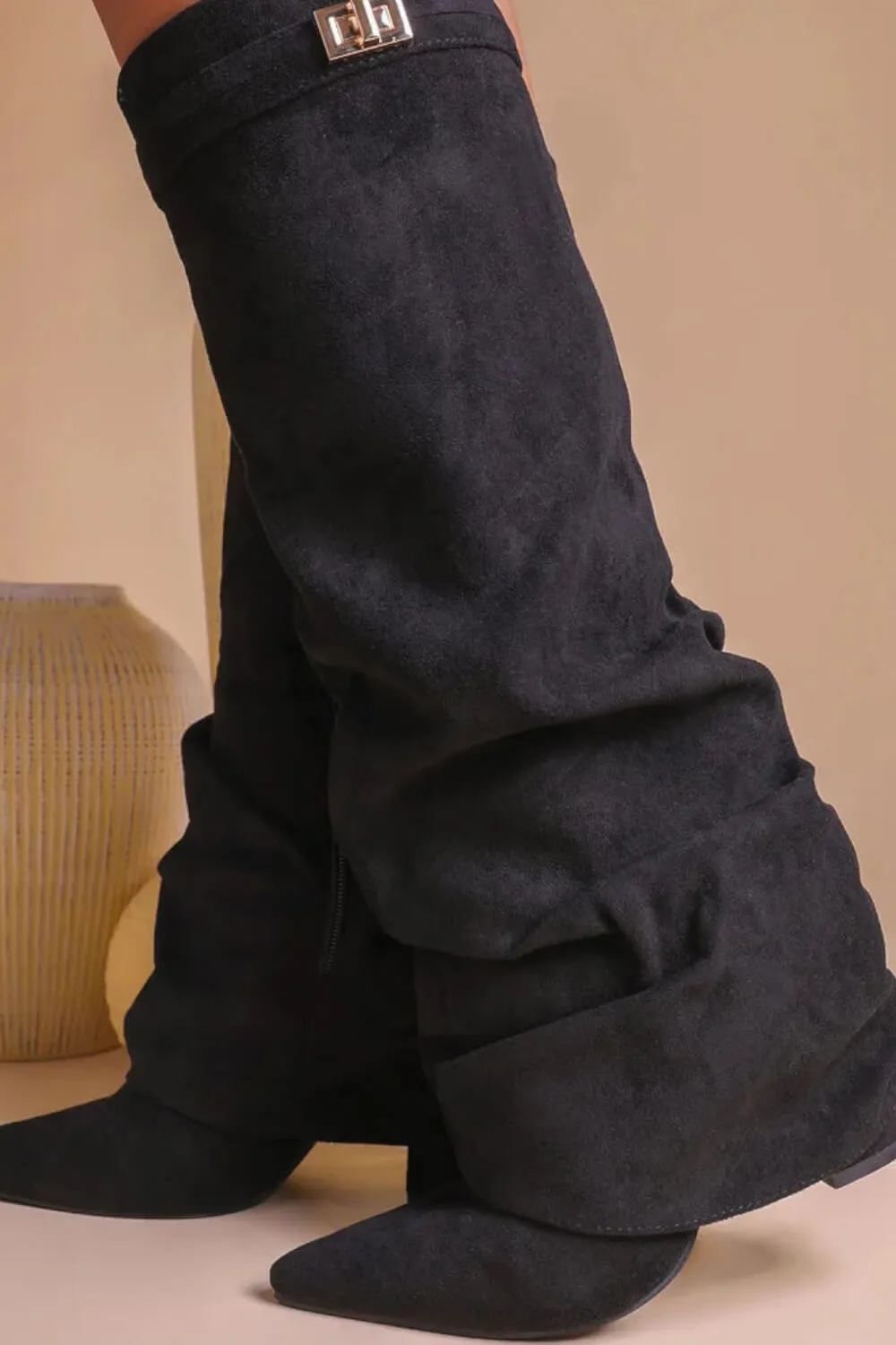 Faux Suede Slouchy Fold Over Metal Lock Detail Pointed Toe Knee High Boots sold by Floralkini product image thumbnail 2