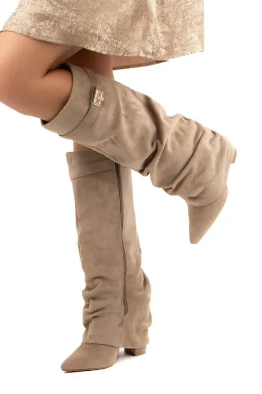 Faux Suede Slouchy Fold Over Metal Lock Detail Pointed Toe Knee High Boots made by Floralkini