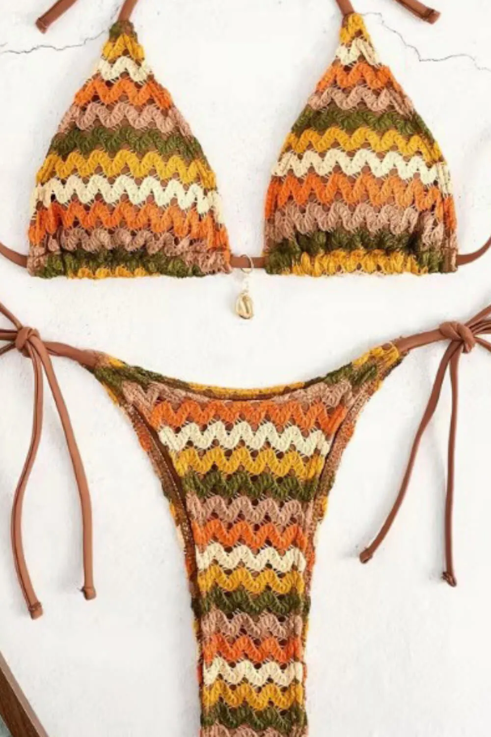 Multi Crochet Triangle Halter Tie Side Bikini Set With Silver Ring Details sold by Floralkini product image thumbnail 2