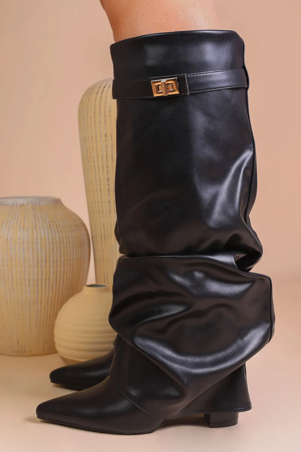 Faux Leather Slouchy Fold Over Metal Lock Detail Pointed Toe Knee High Boots sold by Floralkini product image thumbnail 5