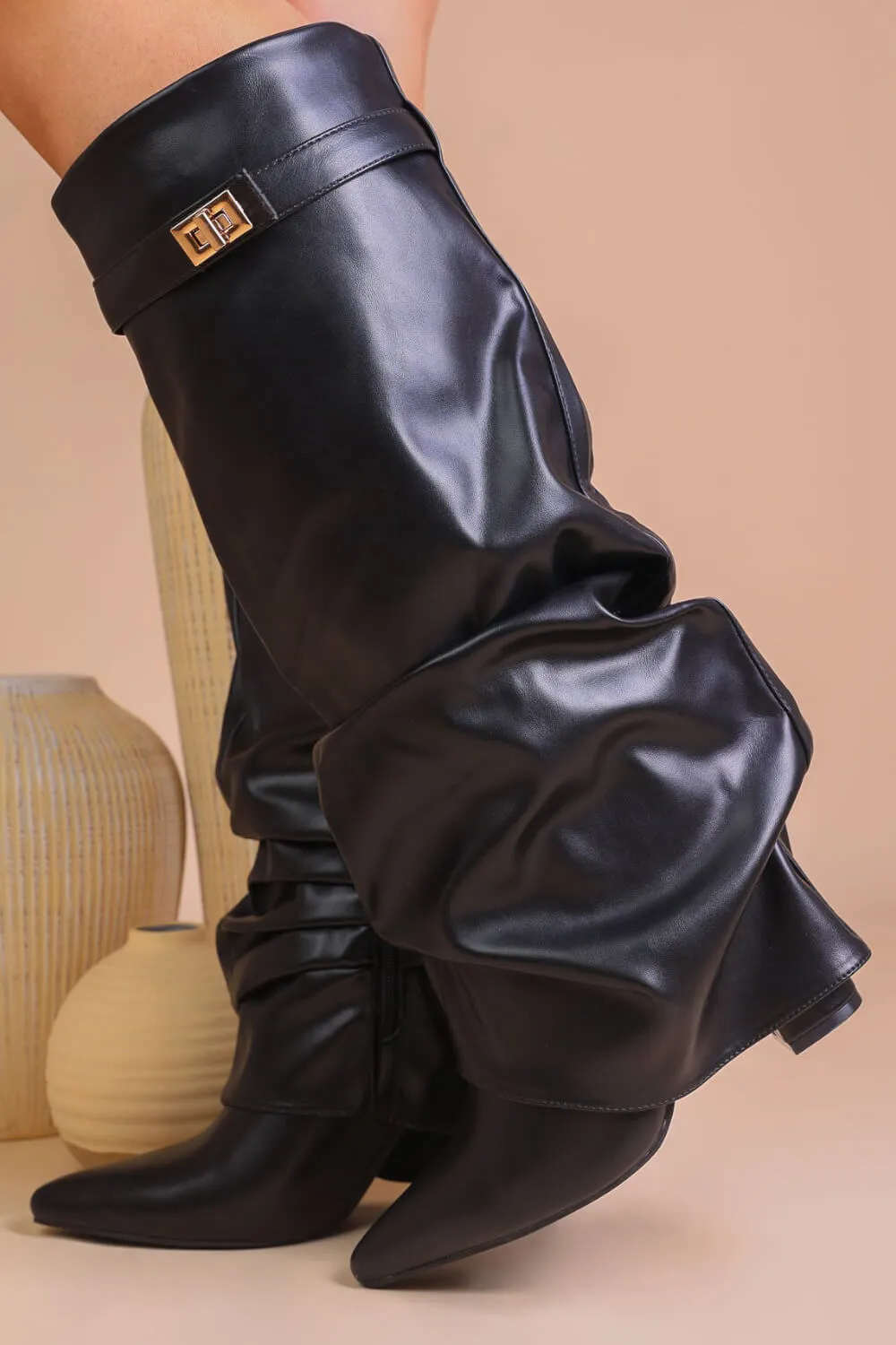 Faux Leather Slouchy Fold Over Metal Lock Detail Pointed Toe Knee High Boots sold by Floralkini product image thumbnail 3