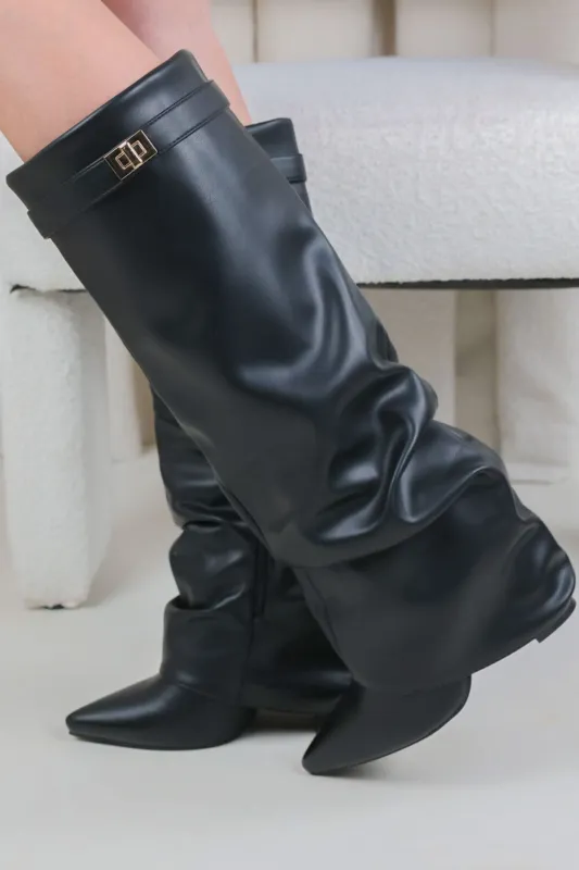 Faux Leather Slouchy Fold Over Metal Lock Detail Pointed Toe Knee High Boots made by Floralkini