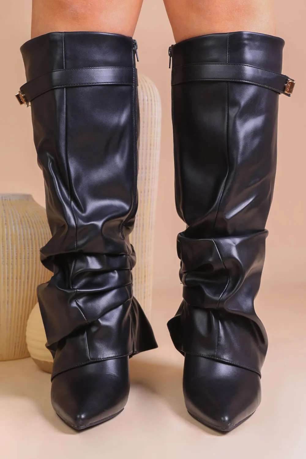 Faux Leather Slouchy Fold Over Metal Lock Detail Pointed Toe Knee High Boots sold by Floralkini product image thumbnail 4