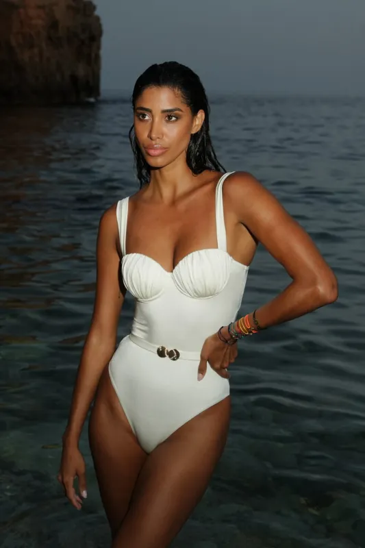 Ruched Balconette Underwire Seashell Belted One Piece Swimsuit made by Floralkini