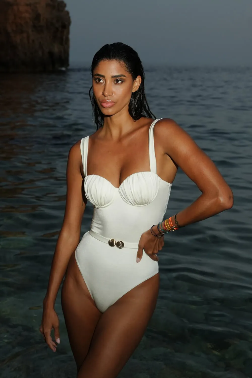 Ruched Balconette Underwire Seashell Belted One Piece Swimsuit sold by Floralkini