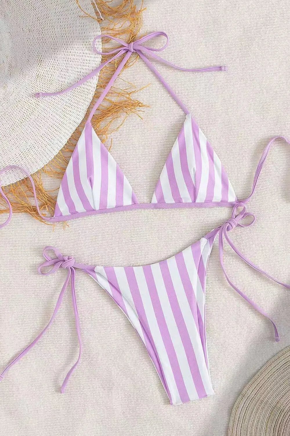 Mauve And White Striped Triangle Halter Tie Side Bikini Bottoms sold by Floralkini product image thumbnail 5