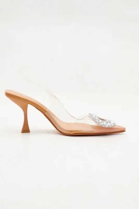 Rhinestone Embellished Clear Perspex Pointed Toe Slingback Court Heel Sandals made by Floralkini