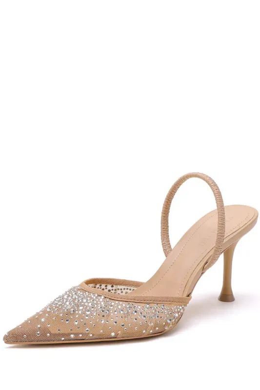 Mesh Diamante Embellished Slingback Pointed Toe Kitten Heels made by Floralkini