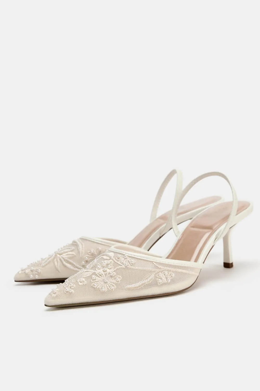 Bridal Beaded Embroidered Mesh Pointed Toe Slingback Kitten Court Heels sold by Floralkini product image thumbnail 3