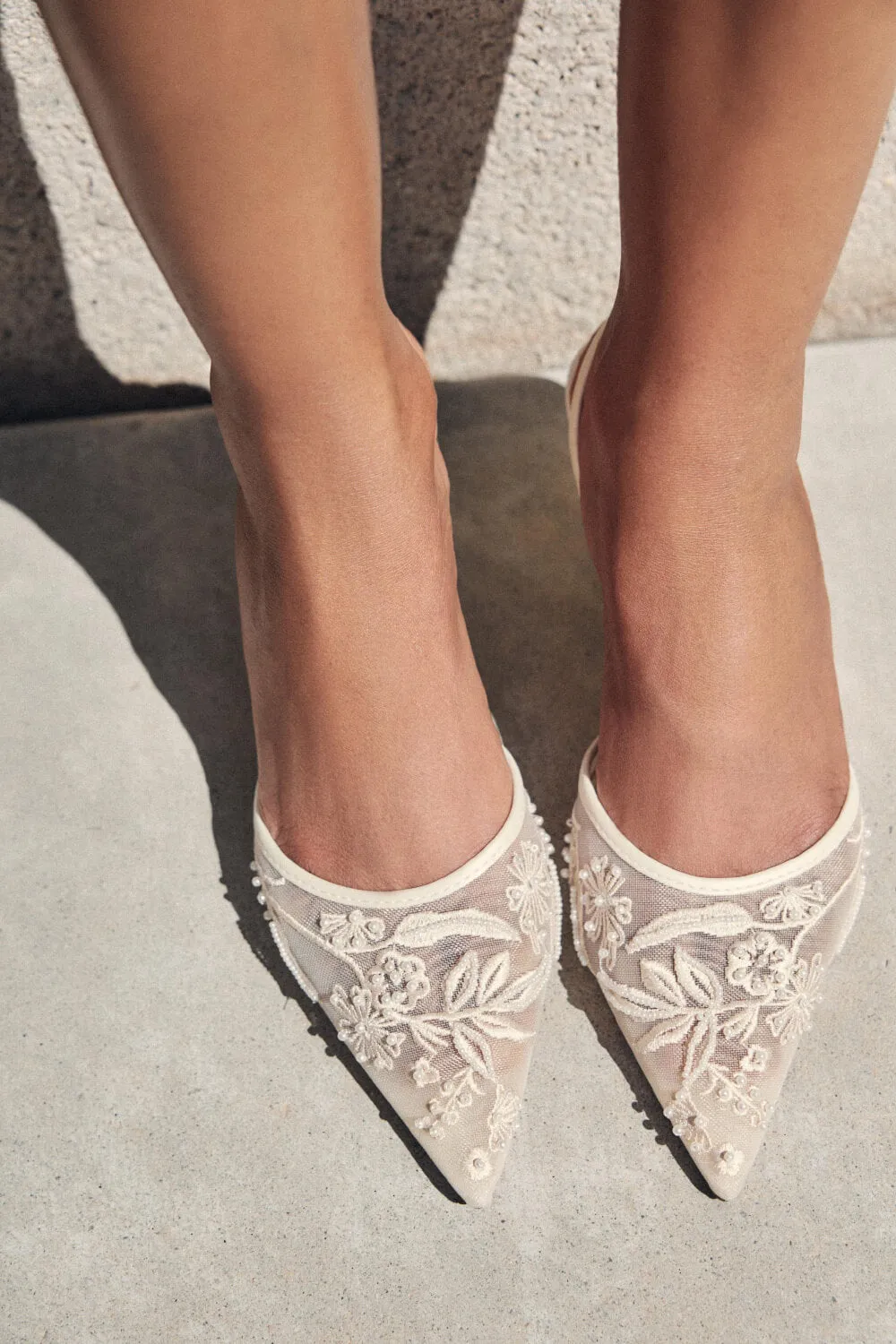 Bridal Beaded Embroidered Mesh Pointed Toe Slingback Kitten Court Heels sold by Floralkini