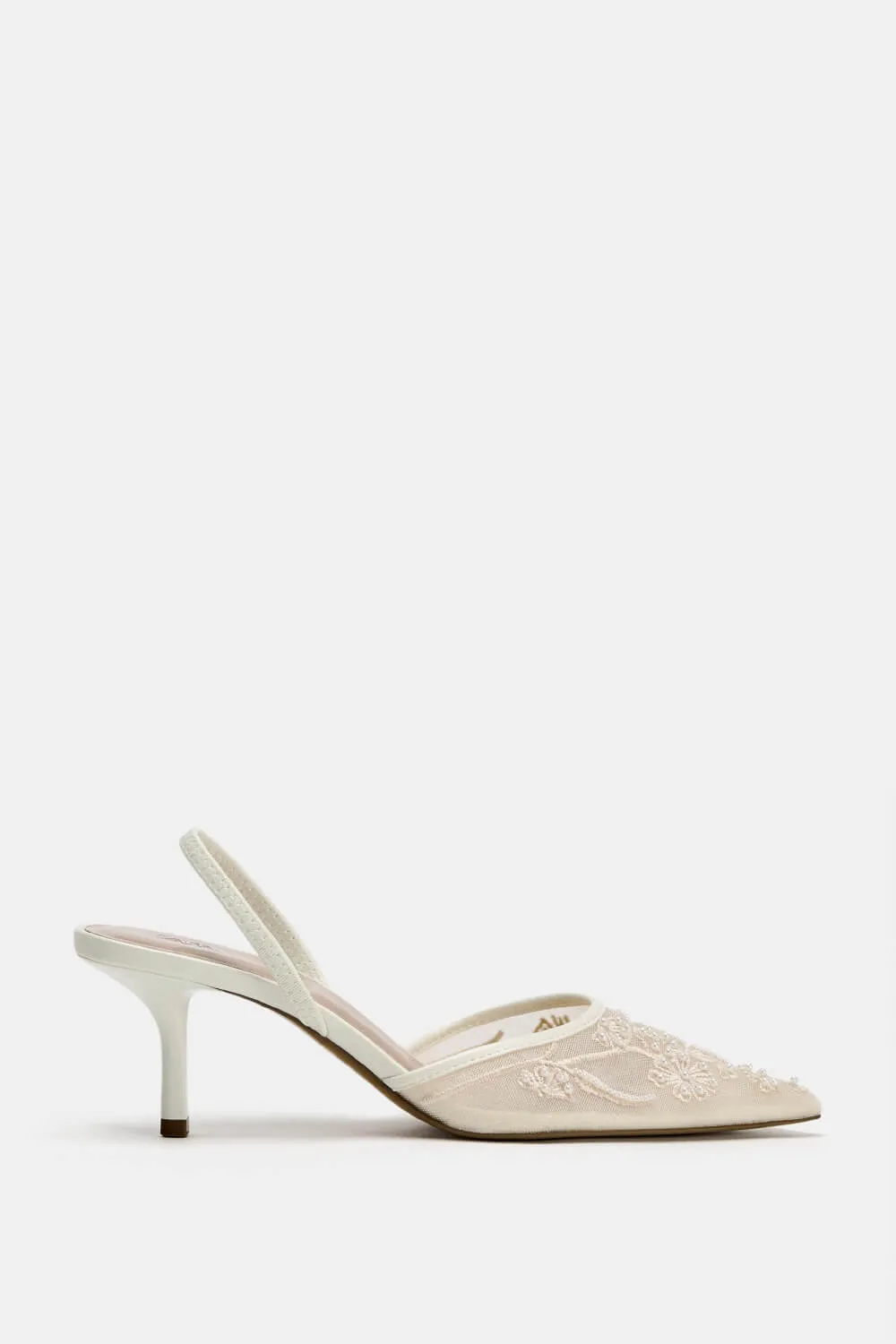 Bridal Beaded Embroidered Mesh Pointed Toe Slingback Kitten Court Heels sold by Floralkini product image thumbnail 4
