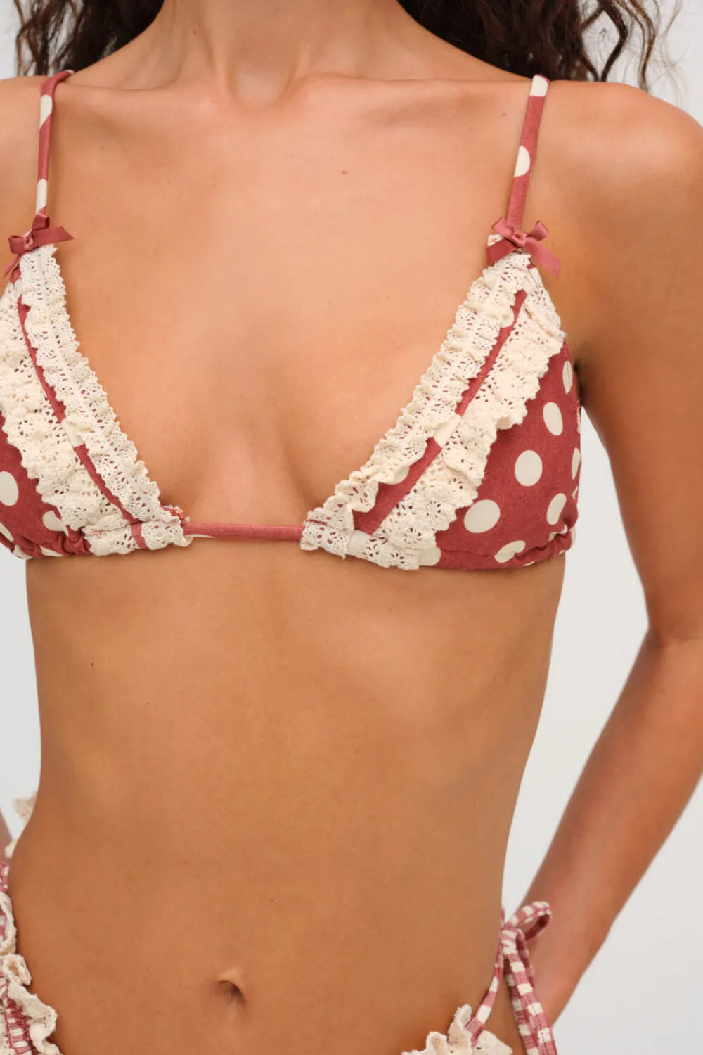 Retro Red Gingham Dot Print Ruffled Lace Trim Triangle Halter Tie Side Bikini Set With Blue Bow Details sold by Floralkini product image thumbnail 4