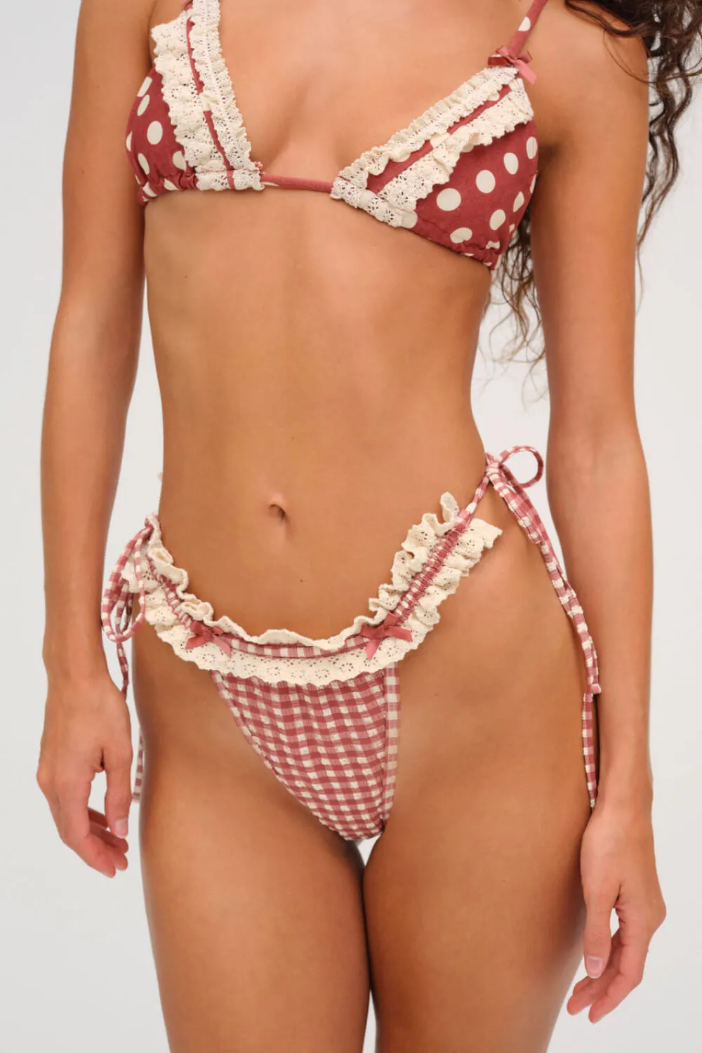 Retro Red Gingham Dot Print Ruffled Lace Trim Triangle Halter Tie Side Bikini Set With Blue Bow Details sold by Floralkini product image thumbnail 3
