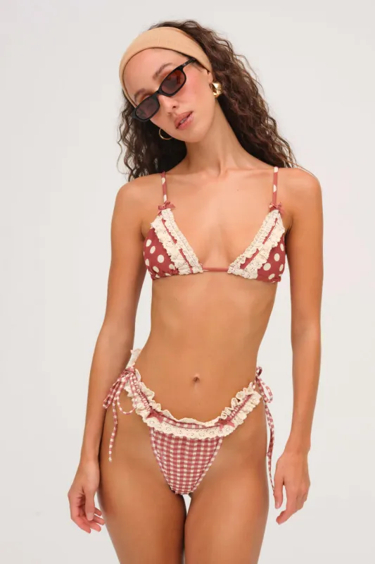 Retro Red Gingham Dot Print Ruffled Lace Trim Triangle Halter Tie Side Bikini Set With Blue Bow Details made by Floralkini