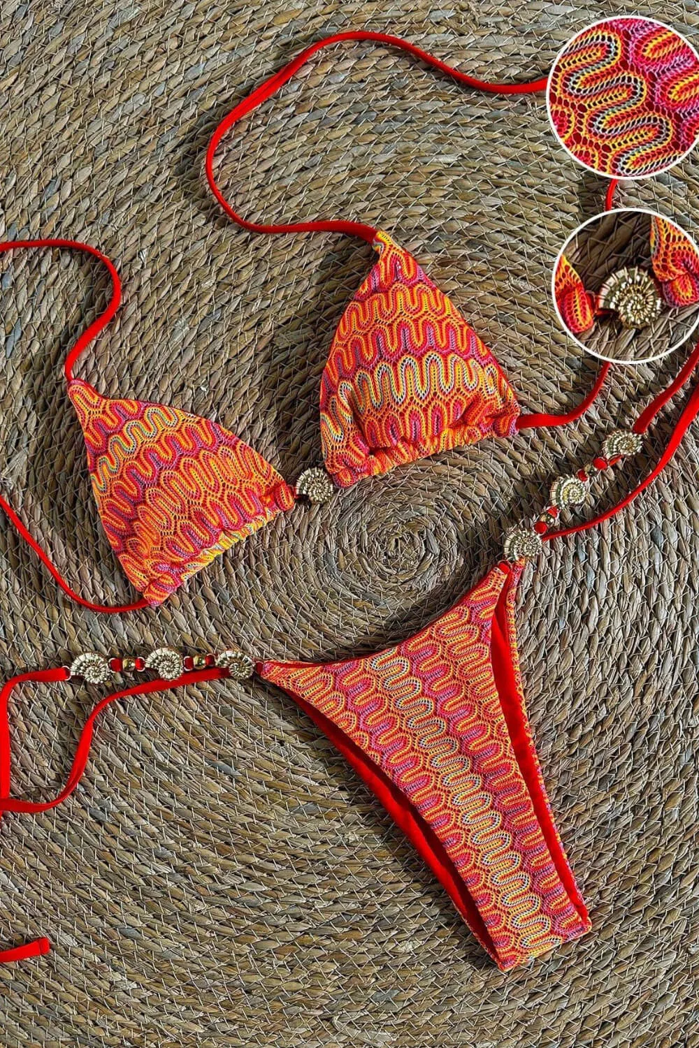 Multi Textured Crochet Triangle Halter Tie Side Bikini Set With Gold Shell Hardware Detail sold by Floralkini product image thumbnail 5