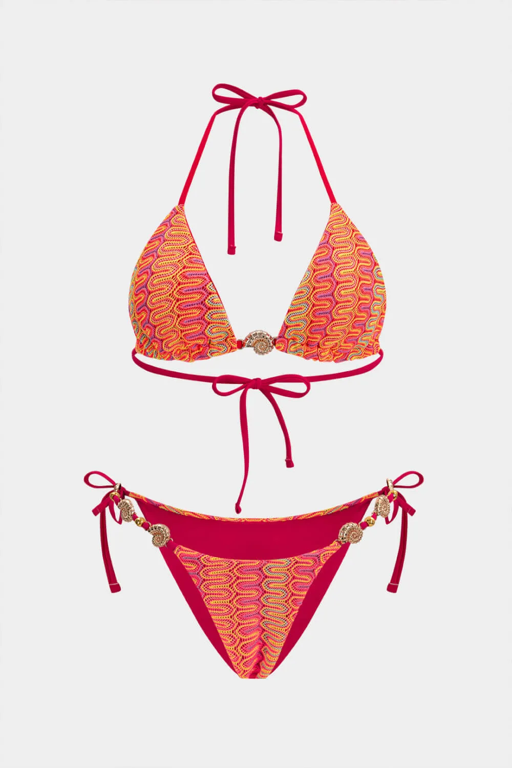 Multi Textured Crochet Triangle Halter Tie Side Bikini Set With Gold Shell Hardware Detail sold by Floralkini product image thumbnail 4