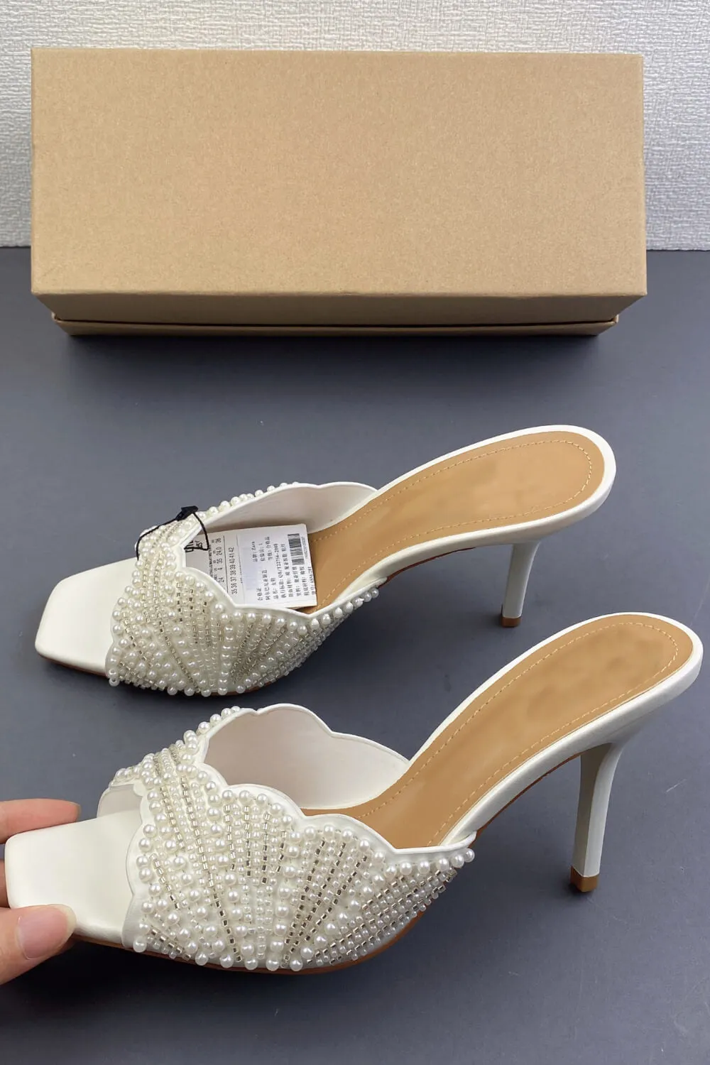Pearl Embellished Open Square Toe Stiletto Heeled Mule Sandals sold by Floralkini product image thumbnail 3