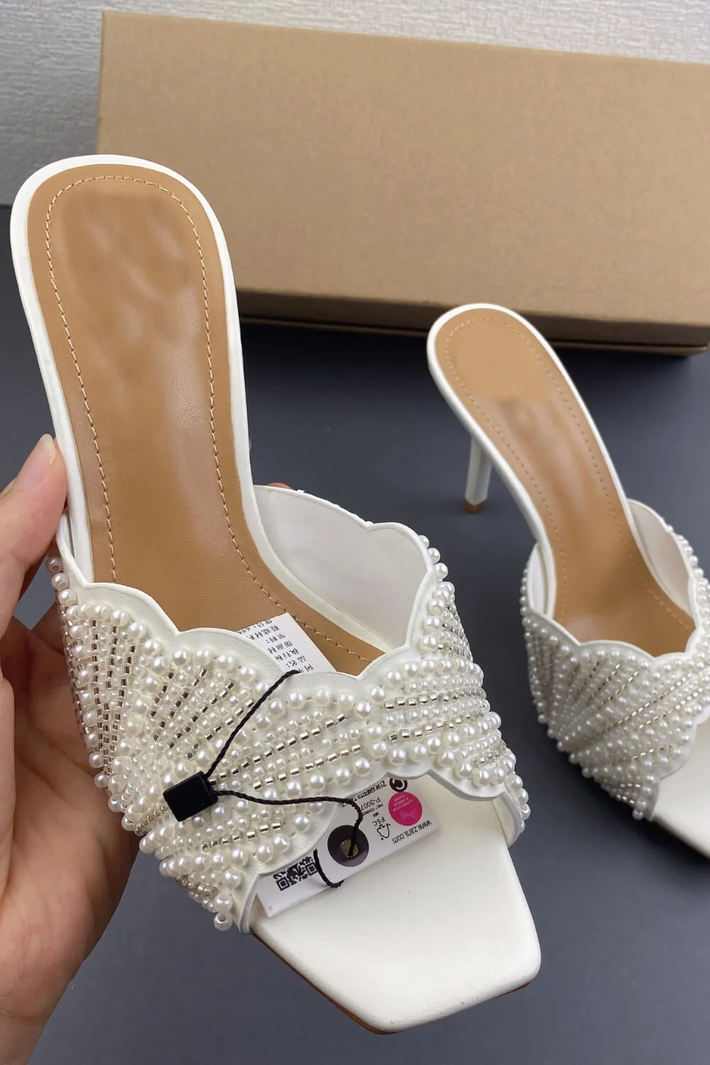 Pearl Embellished Open Square Toe Stiletto Heeled Mule Sandals sold by Floralkini product image thumbnail 4