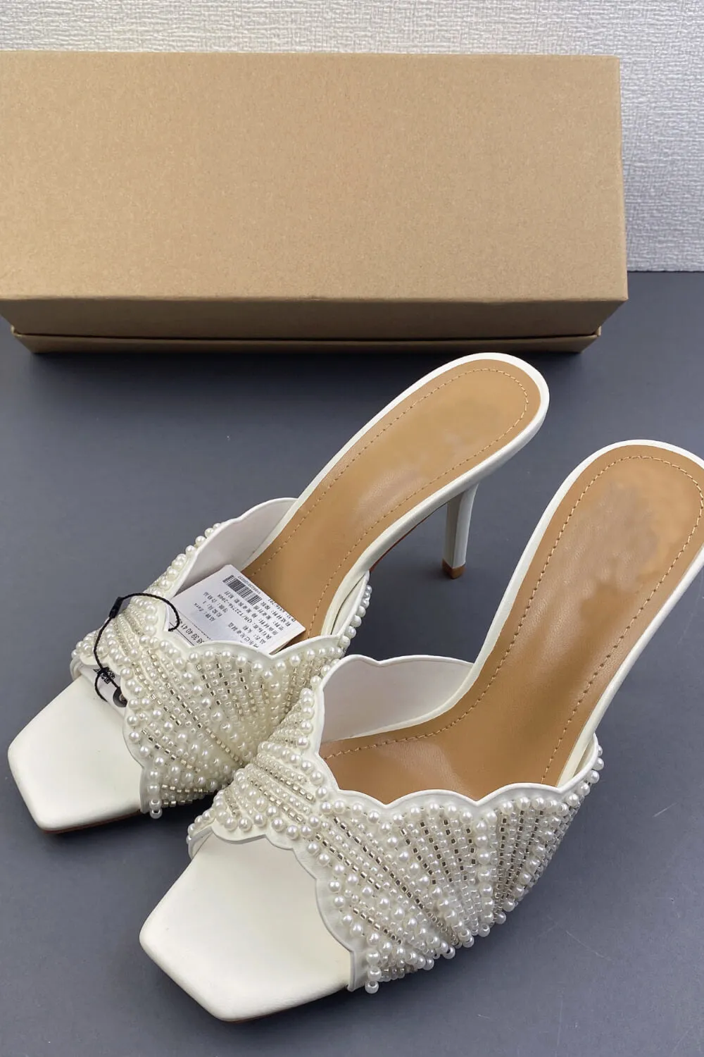 Pearl Embellished Open Square Toe Stiletto Heeled Mule Sandals sold by Floralkini
