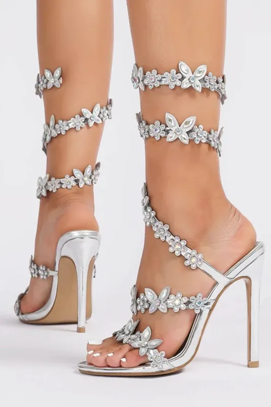 Flower Rhinestone-Embellished Around The Ankle Coil Stiletto Heel Sandals made by Floralkini