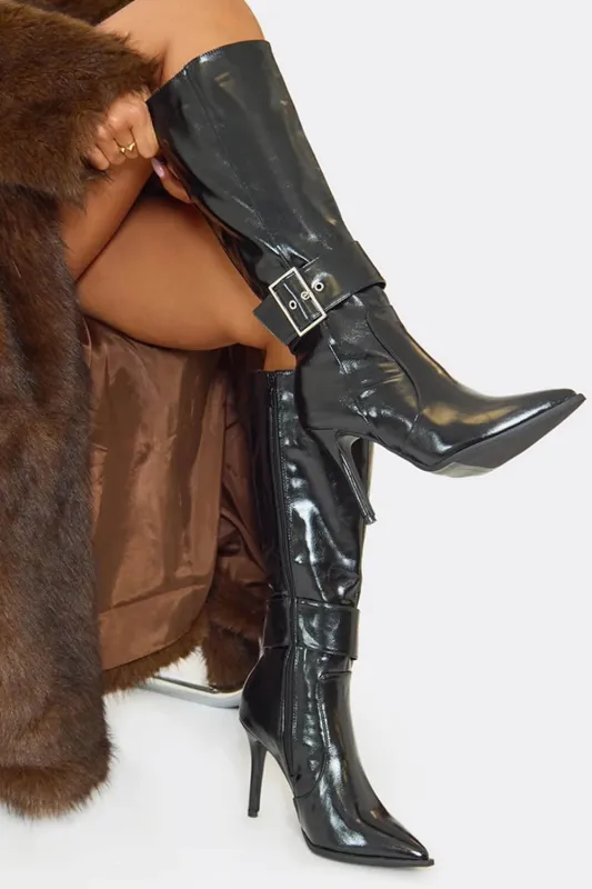 Faux Leather Buckle Detail Pointed Toe Knee High Stiletto Heel Boots made by Floralkini