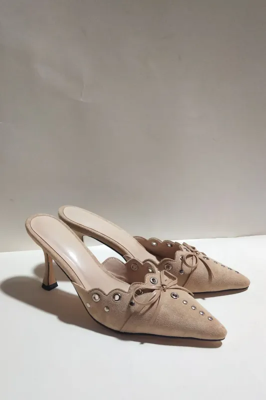 Faux Suede Eyelet Detail Pointed Toe Court Heel Mule - Nude sold by Floralkini