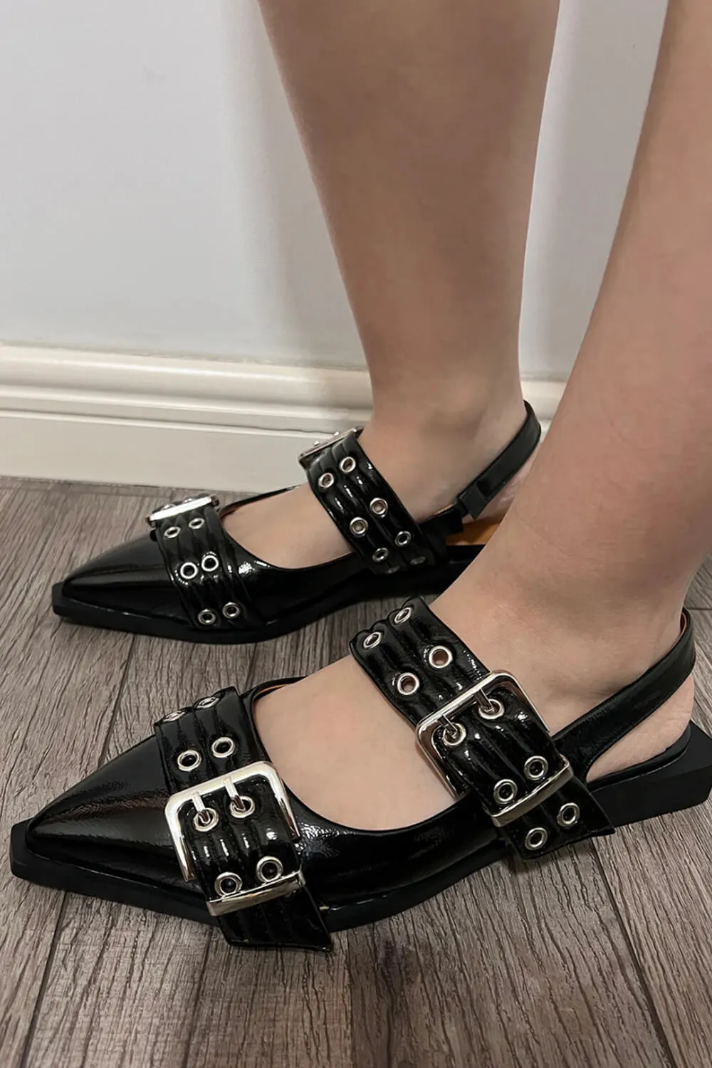 Buckle Pointed Toe Slingback Flats - Black sold by Floralkini