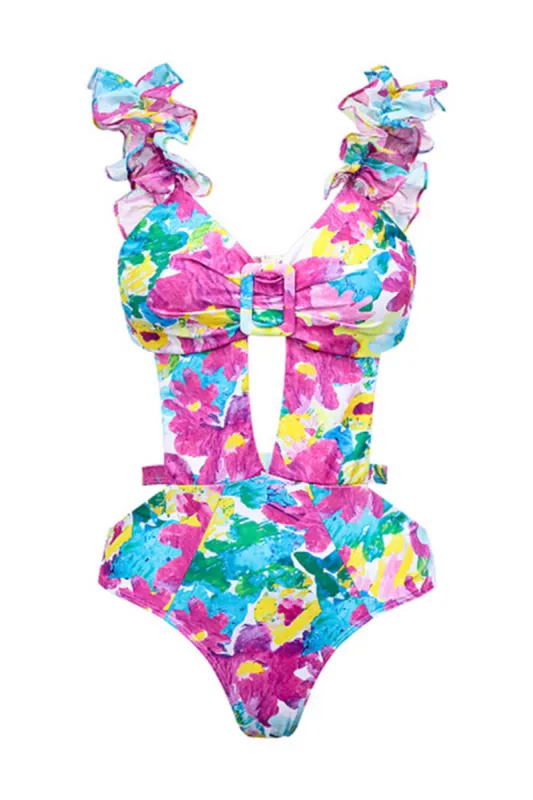 Floral Print Cutout Chiffon-Trimmed Ruffled One Piece Swimsuit sold by Floralkini