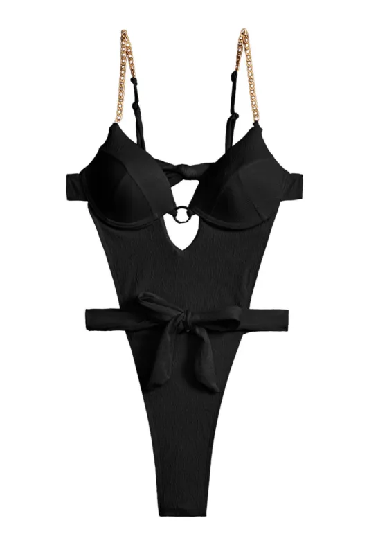 Underwire Wrap Around Cut Out Monokini With Gold Chain Details- Black sold by Floralkini