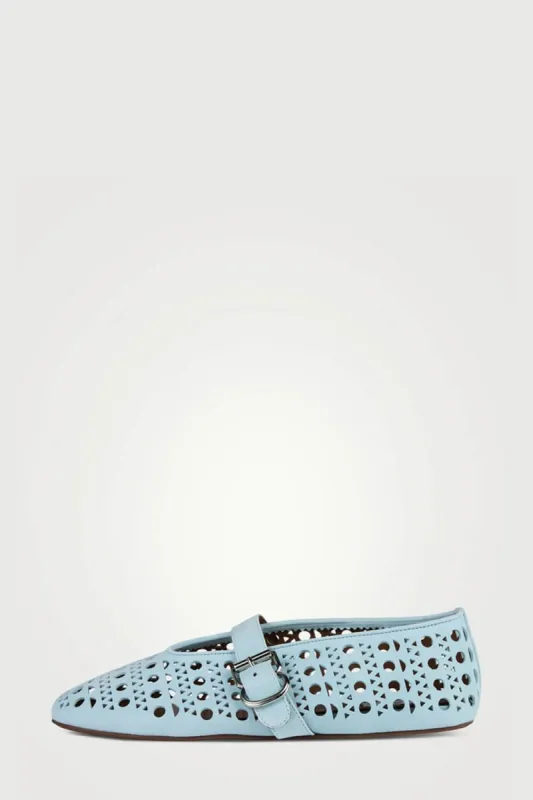 Faux Leather Laser-Cut Buckled Ballet Flats - Light Blue sold by Floralkini