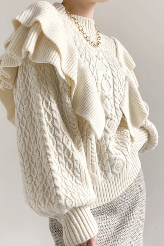 Cream Double Layered Ruffled Cable Knit Sweater sold by Floralkini