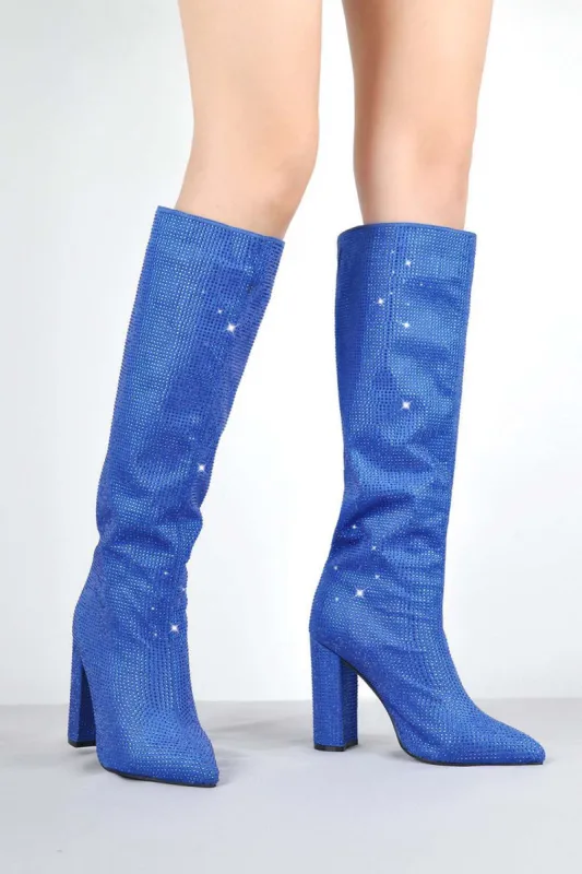 Glitter Knee High Pointed Toe Block Heeled Boots - Blue sold by Floralkini